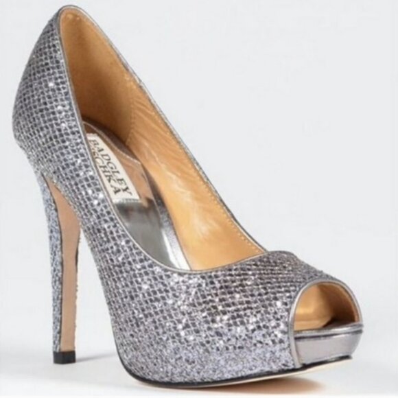 Badgley Mischka Humbie Silver Glitter Platform Heels 8.5 sparkle wedding holiday - Picture 1 of 8